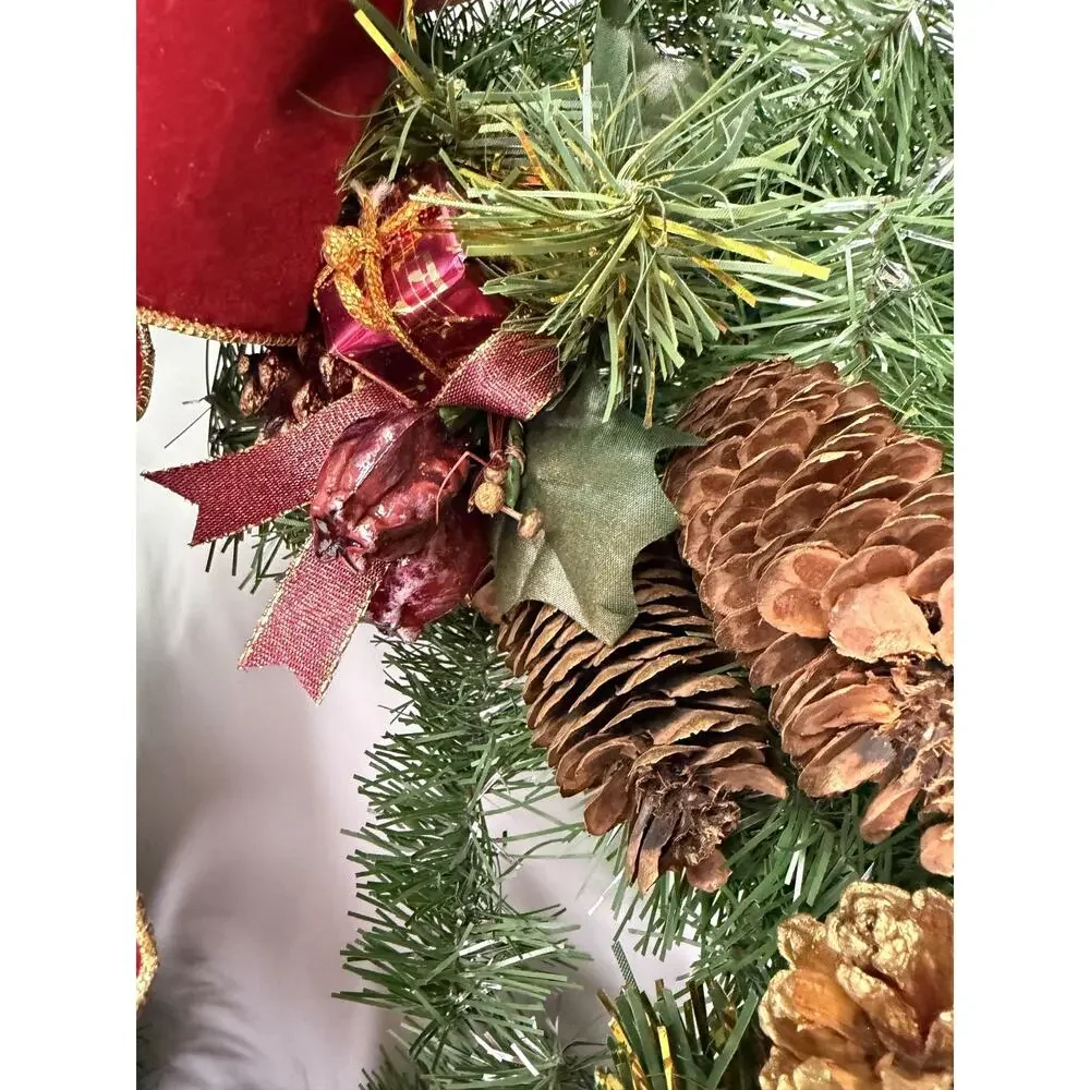 Christmas Wreath Burgundy Velvet Bow Pinecones Apples Berries Holiday Decor